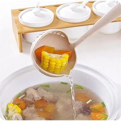 2 in 1 Soup Spoon Wheat Straw Long Handle Soup Spoon Straining Ladle Soup Pan Spoon with Filter Strainer Kitchen Utensils