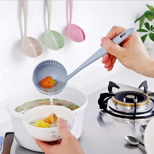 2 in 1 Soup Spoon Wheat Straw Long Handle Soup Spoon Straining Ladle Soup Pan Spoon with Filter Strainer Kitchen Utensils