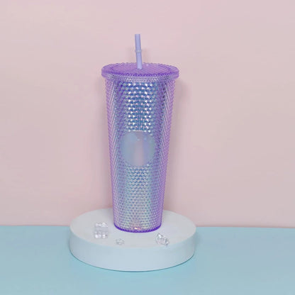 Diamond Pattern Double Layer Plastic Straw Cup with Gradient Color for Outdoor Travel Sports Drinkware Camping Gifts New