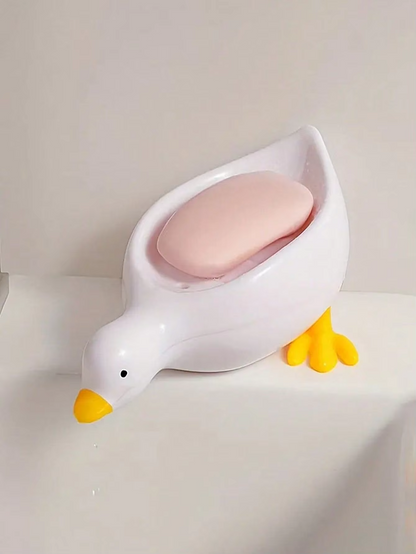 1Pc White Duck-Shaped Soap Rack, Plastic Material, Suitable for Kitchen and Bathroom Countertop Storage Box, Non-Slip Drain Soap Dish Container Bathroom Accessories